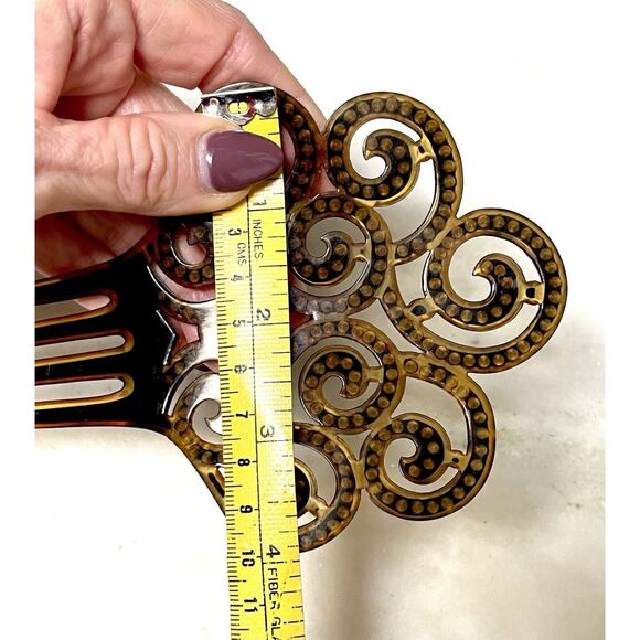 Antique Ornate Celluloid Hair Comb Green Rhinestones Art Nouveau - Picture 15 of 16